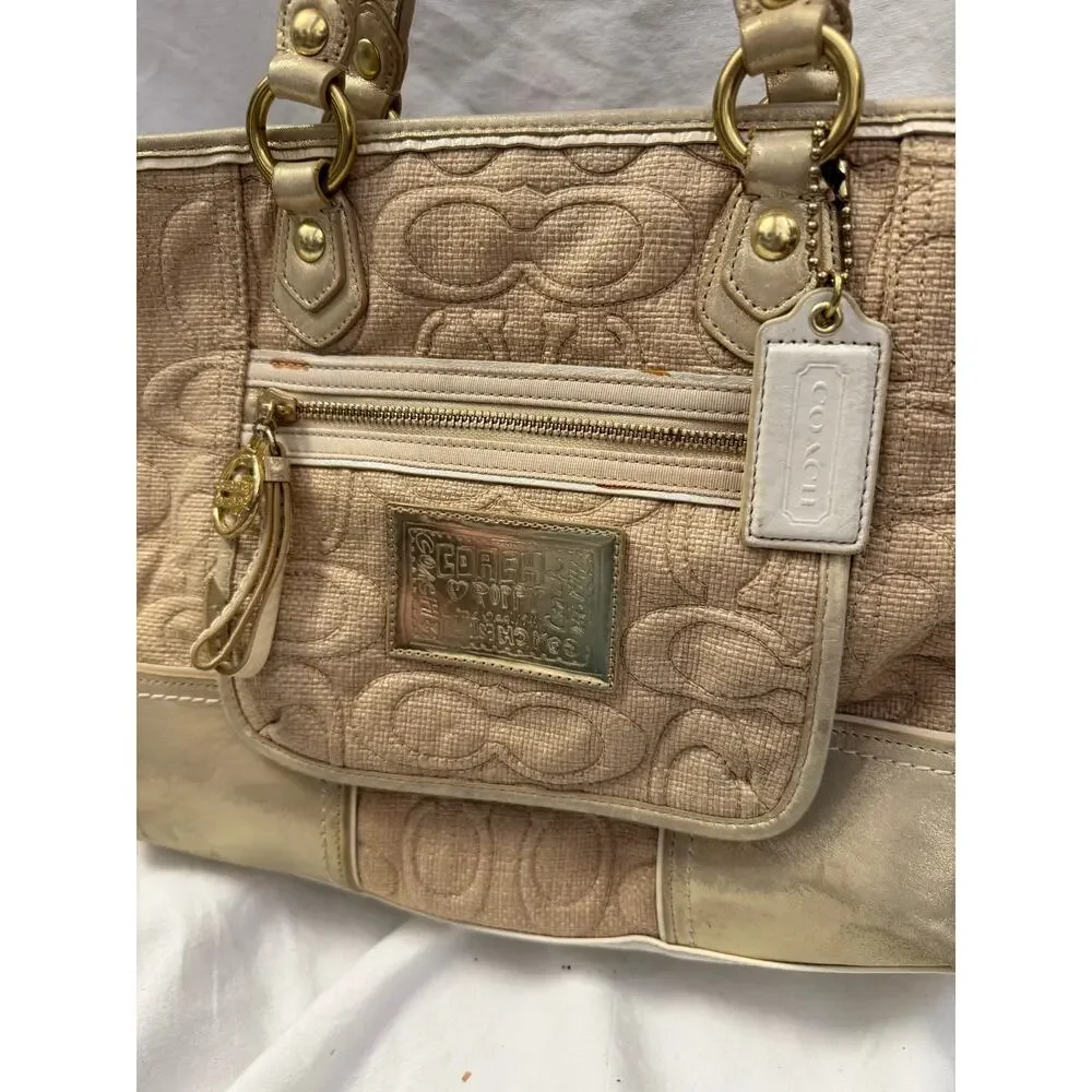 Coach Natural Signature Canvas & Metallic Gold Poppy Tote Bag GS